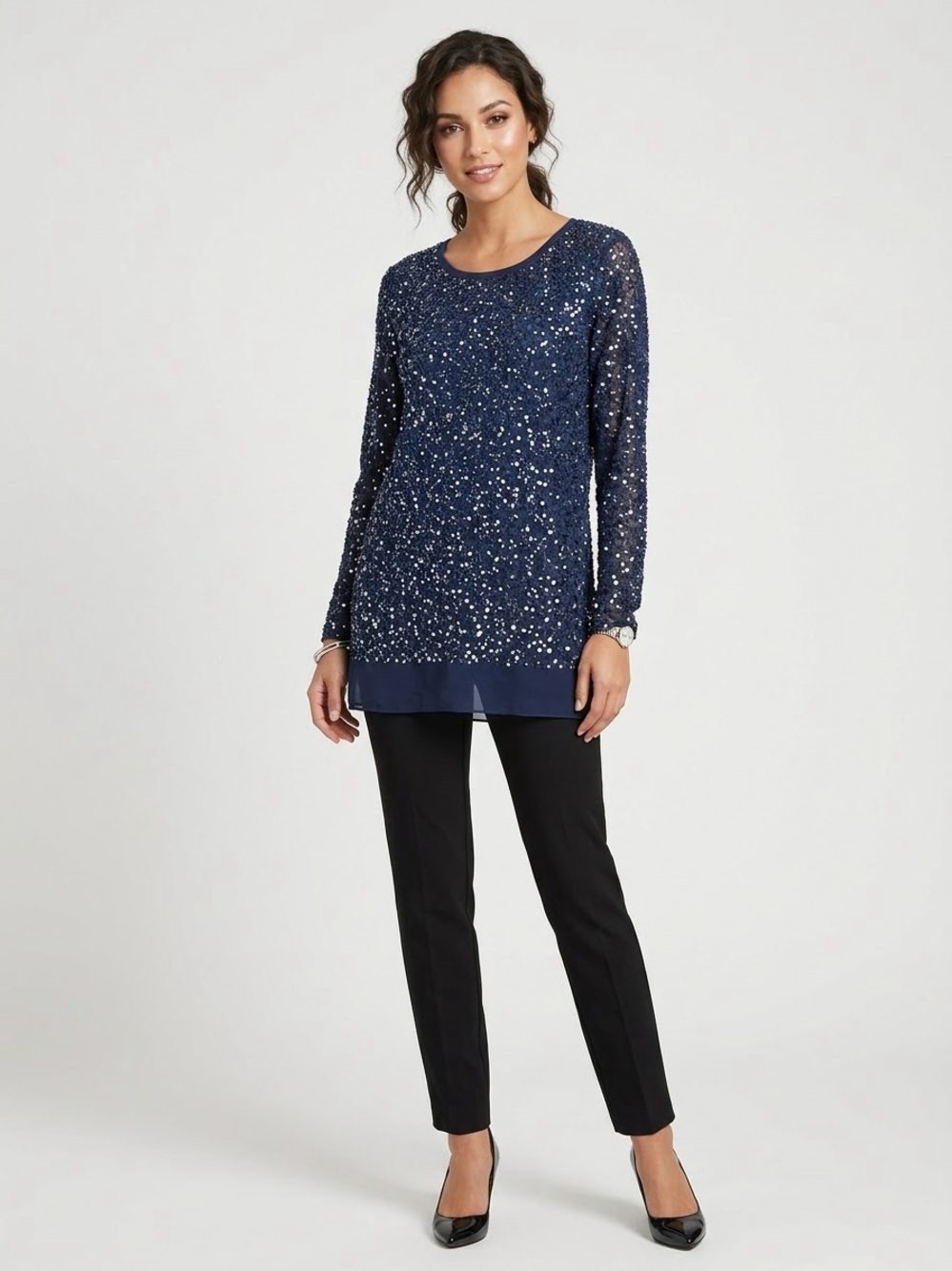 Gold Hawk Navy Blue Sequin Beaded Tunic Top Long Sleeve Party Evening Glam NEW M